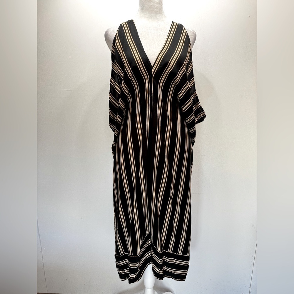 Uma & Leopold Black and Tan Striped Dress Boho Draped Kaftan Caftan Handmade
